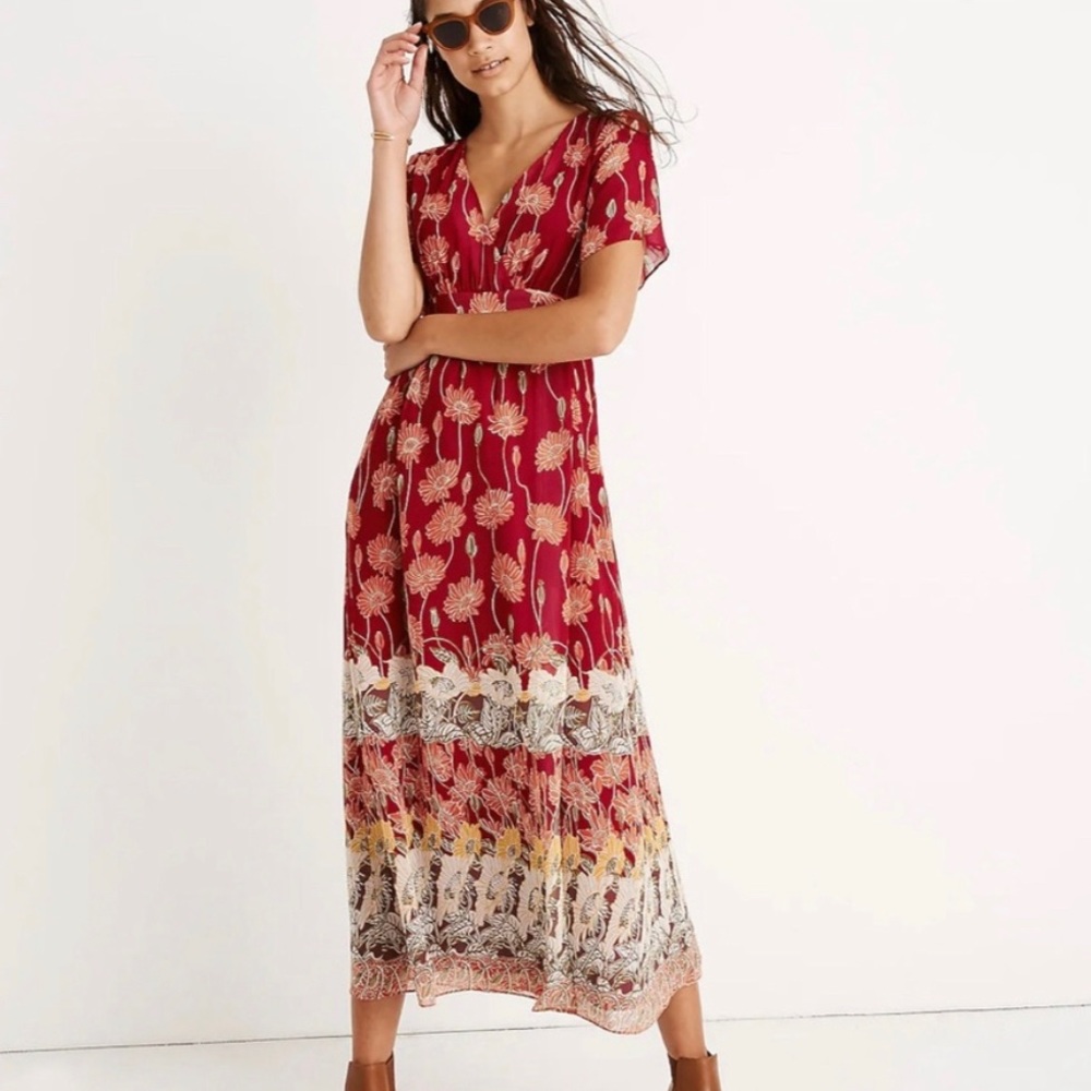 NWT Madewell Tulip Short Sleeve Maxi Dress in Tall Sunflowers Red Multicolor